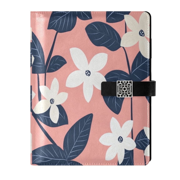 Premium Faux Leather Notebook - Refillable, Multi-Functional Organizer, 23.3x17cm, All-Season Use，Pink Background with White Flowers