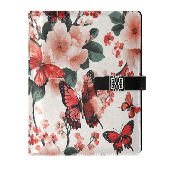 Premium Faux Leather Notebook - Refillable, Multi-Functional Organizer, 23.3x17cm, All-Season Use，Red Butterfly and Flowers