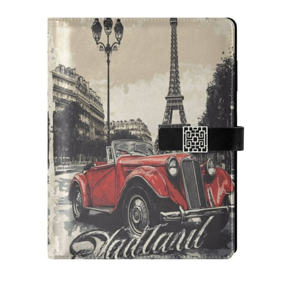Premium Faux Leather Notebook - Refillable, Multi-Functional Organizer, 23.3x17cm, All-Season Use,Retro Car and Eiffel Tow