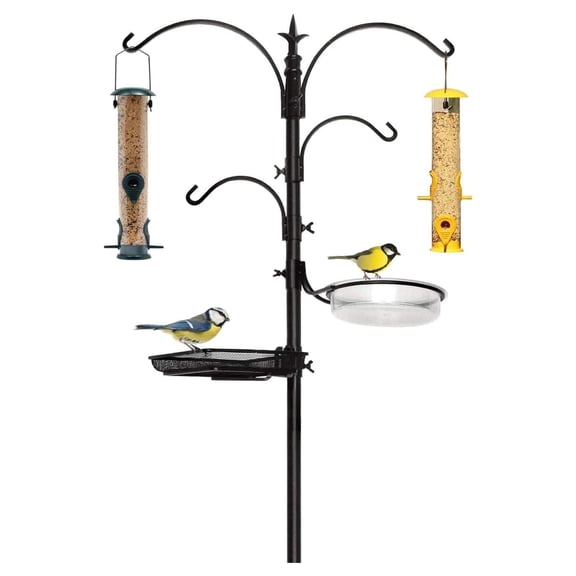 Premium Feeding Station with 2 Feeders Included for Outside - Multi Feeder Pole Stand Kit with 4 Hangers, Bath and 5 Prong Base for Attracting Wild - 22 Inch Wide x 91 Inch Tall