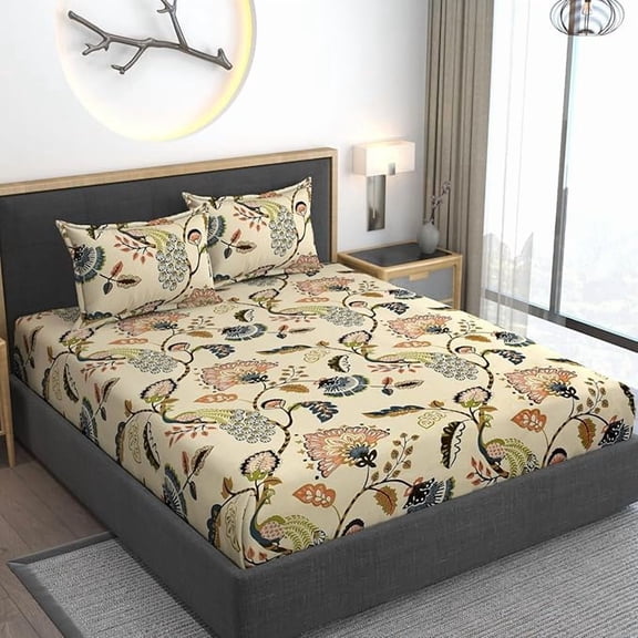Premium Feel Cotton Bedsheets All Around Elastic Fitted For Double Bedsheet - Size 60 X 78 Inches, Beige | Beautiful Print & Luxury Look Bedsheet