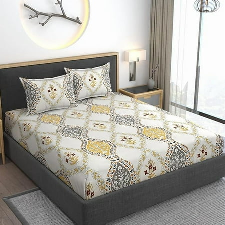 Premium Feel Cotton Bedsheets All Around Elastic Fitted For Double Bedsheet - Size 60 X 78 Inches, Yellow | Beautiful Print & Luxury Look Bedsheet