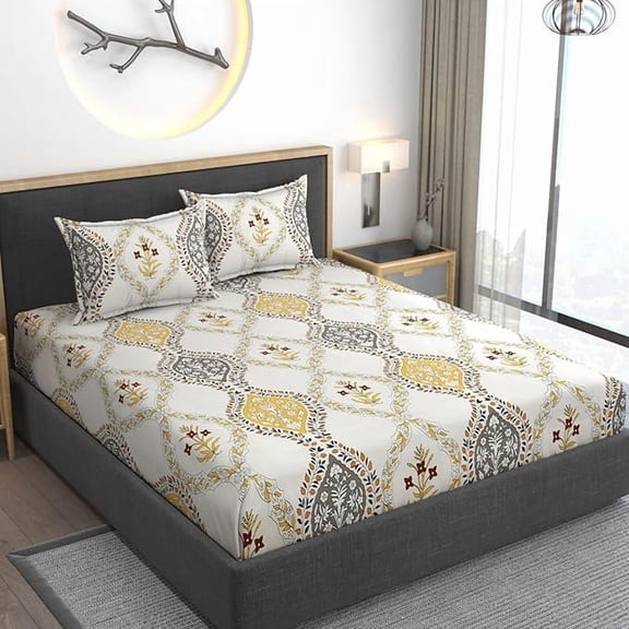 Premium Feel Cotton Bedsheets All Around Elastic Fitted For Double Bedsheet - Size 60 X 78 Inches, Yellow | Beautiful Print & Luxury Look Bedsheet