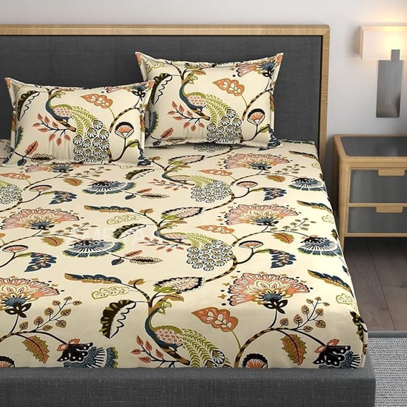 Premium Feel Cotton Bedsheets All Around Elastic Fitted For Double Bedsheet - Size 72x78x10 Inches, Beige | Beautiful Print & Luxury Look Bedsheet