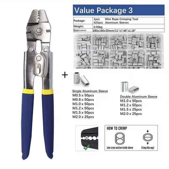 Premium Fishing Line Crimping Tool Set - Durable Aluminum Ferrule & Loop Sleeve Kit for Wire Rope Crimping (0.1mm to 2.2mm) - Ideal for Fishing and Railing Applications