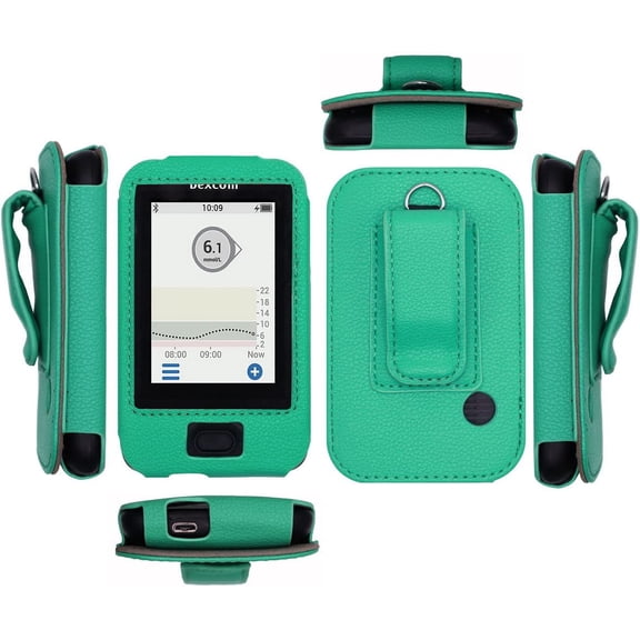 Premium Fitted Leather Case with Screen Protector, Belt Clip,Carabiner (Including a Neck Lanyard) for Dexcom G6 Mobile CGM Receiver (Green)