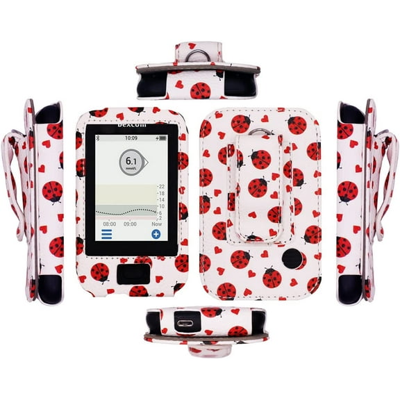 Premium Fitted Leather Case with Screen Protector, Belt Clip,Carabiner (Including a Neck Lanyard) for Dexcom G6 Mobile CGM Receiver (White/Lady Bug)