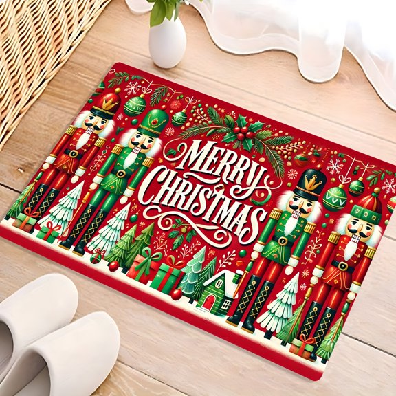 Premium Flannel Christmas Doormat with Nutcracker, Tree & Gift Patterns, Non-Slip Washable Rug for Home Decor, Fade-Resistant