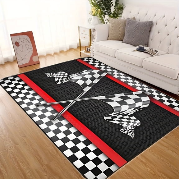 Premium Flannel Racing Mat, 0.4" Thick Checkered Flag Non-Slip Rug, Red Stripe Plaid Indoor Outdoor Mat for Kitchen Hallway Bedroom Doorstep, Machine Washable