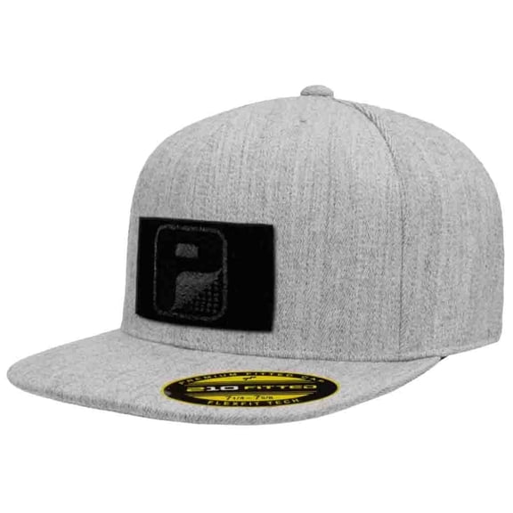 Pull Patch Premium Flat Bill Flexfit Hat - Heather Grey - Custom Patch Hat