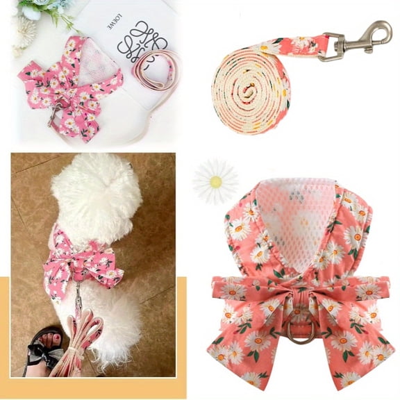 Premium Floral Dog Harness Set, Daisy Pattern with Bow for XS Small Breed Dogs (7.9"x9.1"x0.8")