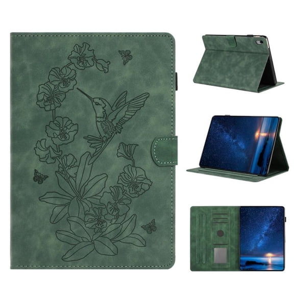 Premium Flower&Bird Embossed Intelligent Sleeping Flat Leather Cover With Card Slot And Photo Frame For Apple iPad 2025 / 2022, Magnetic Clasp Stand,Green,For iPad 2025 / 2022