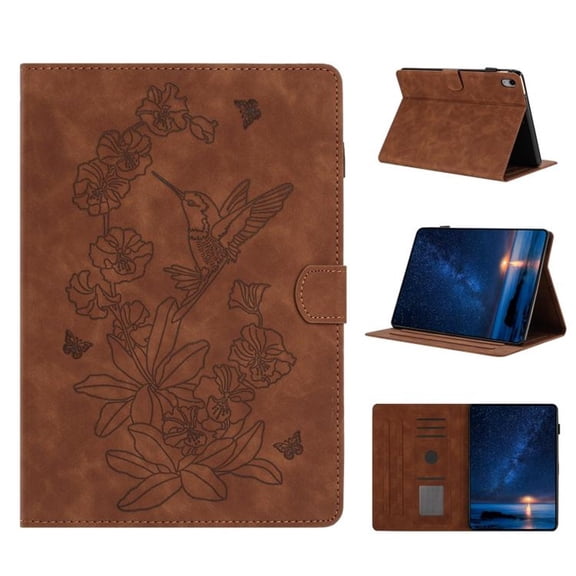 Premium Flower&Bird Embossed Intelligent Sleeping Flat Leather Cover With Card Slot And Photo Frame For Apple iPad mini 2024 / mini 6, Magnetic Clasp Stand,Brown
