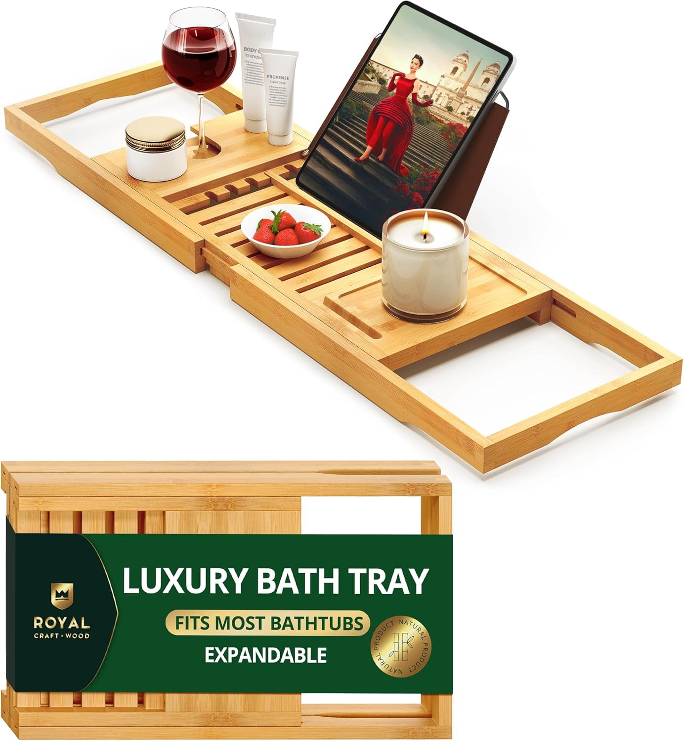 Premium Foldable Bathtub Tray Caddy - Wood Bath Tray for Tub, Bamboo