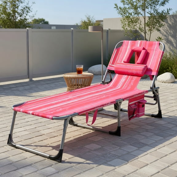 Premium Foldable Beach Lounge Chair with Removable Pillow  Adjustable Reclining Outdoor Lounger for Beach, Pool & Patio (Pink/White)