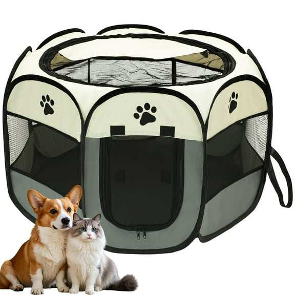 Premium Foldable Octagonal Pet Playpen Tent (S/M/L) - Scratch-Resistant, Two-Tone Paw Print Design | Portable Travel-Friendly, Indoor/Outdoor Spacious Pet Pen