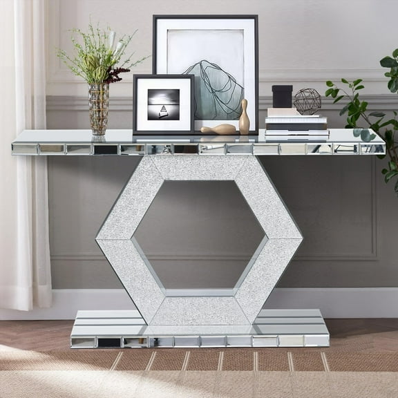 Premium Foyer Console Table - Sparkling Crystal Hexagon Mirror & Solid Wood Frame (55"L x14.17"W * 31.5''H)
