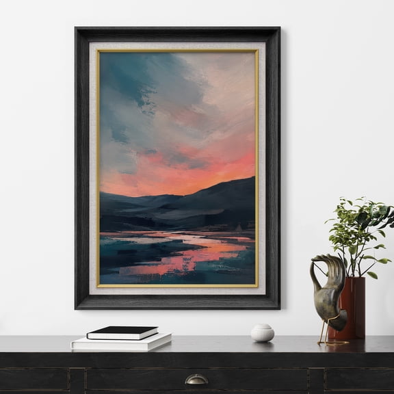 Premium Frame Wall Art Abstract Sunset Over Calm Lake Print Modern Minimal Seascape Landscape Wall Decor for Living Room, Office - 26"x36" Black
