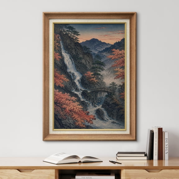 Premium Frame Wall Art Autumn Mountain Waterfall Print Dramatic Nature Landscape Wall Decor for Living Room, Office - 26"x36" Natural