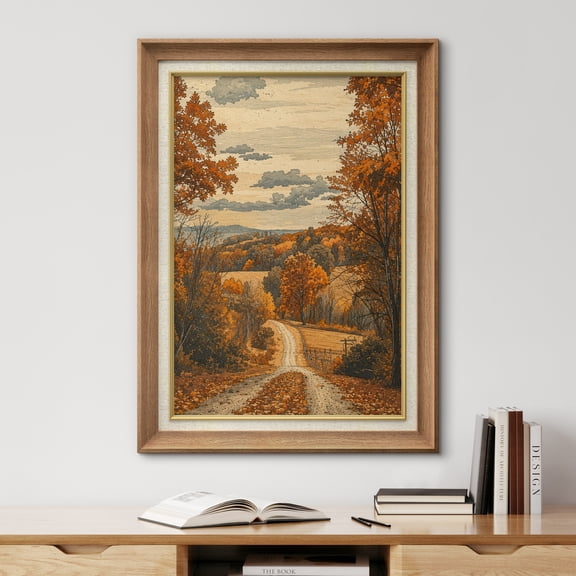 Premium Frame Wall Art Countryside Dirt Road Through Autumn Forest Print Rustic Nature Landscape Wall Decor for Living Room, Office - 26"x36" Natural