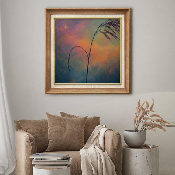 Premium Frame Wall Art Elegant Abstract Grass Reeds in Warm Gradient Sky Print Soft Motion Nature Inspired Wall Decor for Living Room, Office - 26"x26" Natural