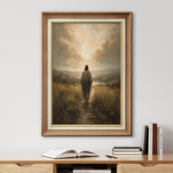 Premium Frame Wall Art Jesus Walking Through Golden Meadow Landscape Print Dramatic Sky Atmospheric Nature Scene Wall Decor for Living Room, Office - 26"x36" Natural