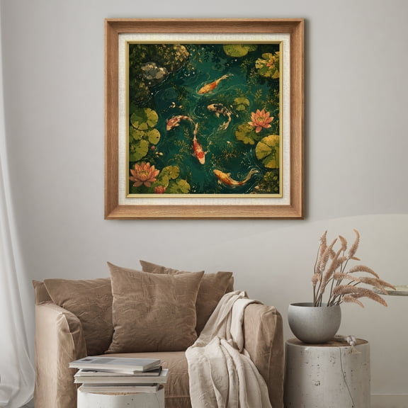 Premium Frame Wall Art Koi Fish Pond With Water Lilies and Green Lotus Print Tranquil Japanese Garden Water Scene Wall Decor for Living Room, Office - 26"x26" Natural