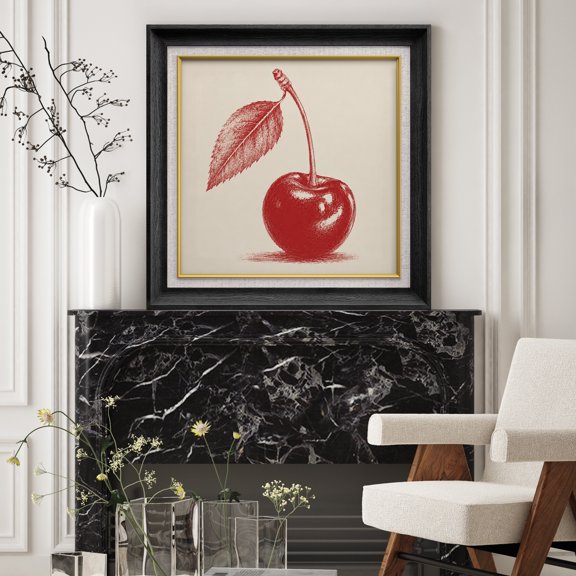 Premium Frame Wall Art Minimal Cherry Illustration With Red Fruit Print Elegant Modern Botanical Wall Decor for Living Room, Office - 26"x26" Black