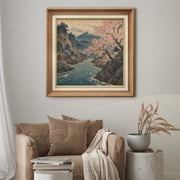 Premium Frame Wall Art Mountain River Valley With Cherry Blossoms Print Misty Peaks Oriental Inspired Landscape Wall Decor for Living Room, Office - 26"x26" Natural