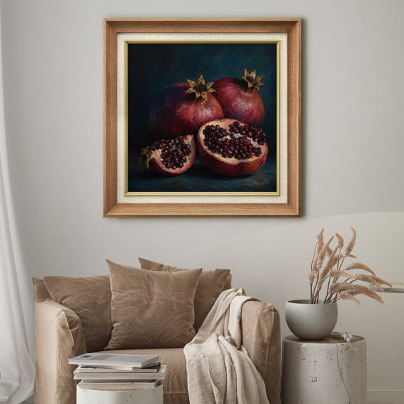 Premium Frame Wall Art Pomegranate Still Life Print Classical Realistic Fruit Wall Decor for Living Room, Office - 26"x26" Natural