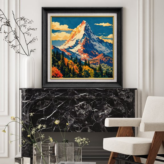 Premium Frame Wall Art Snow Capped Mountain Peak With Autumn Forest Print Vibrant Colors Bold Landscape Wall Decor for Living Room, Office - 26"x26" Black