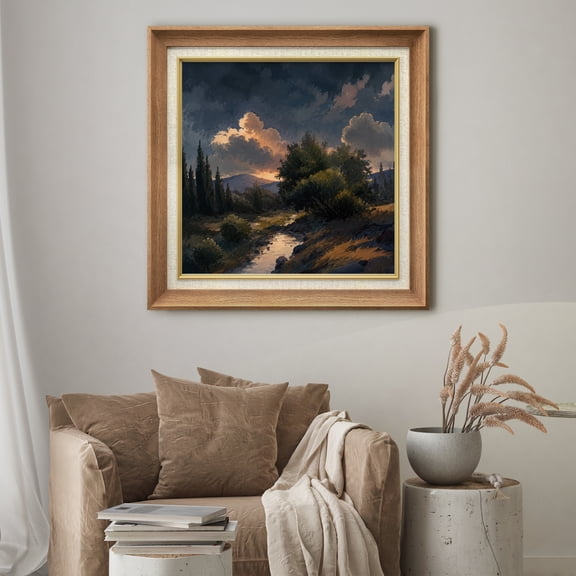 Premium Frame Wall Art Stormy Countryside Path With Dramatic Clouds Print Rustic Landscape Wall Decor for Living Room, Office - 26"x26" Natural