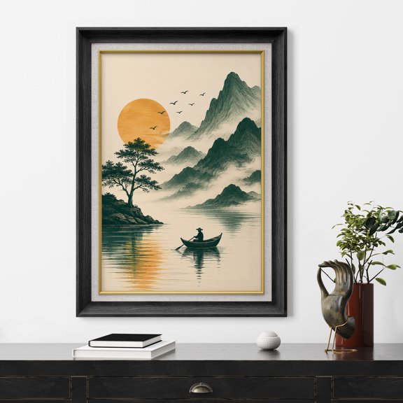 Premium Frame Wall Art Traditional Asian Landscape Print Rising Sun Mountain Mist Scenic Nature Wall Decor for Living Room, Office - 26"x36" Black