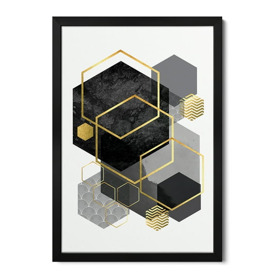 Premium Framed Art Print - Black Grey Gold Geo II