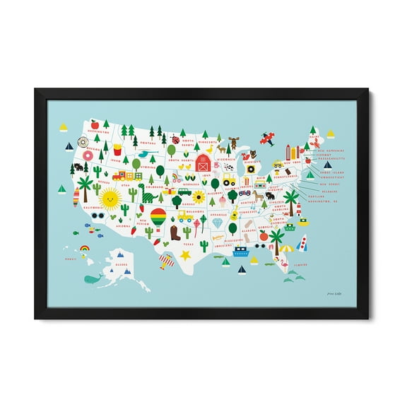 Premium Framed Art Print - Fun USA Map