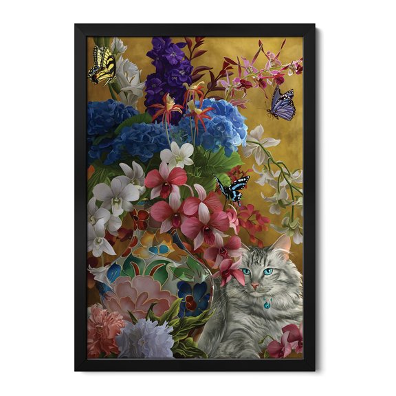 Premium Framed Art Print - Gilded Cat And Flowers