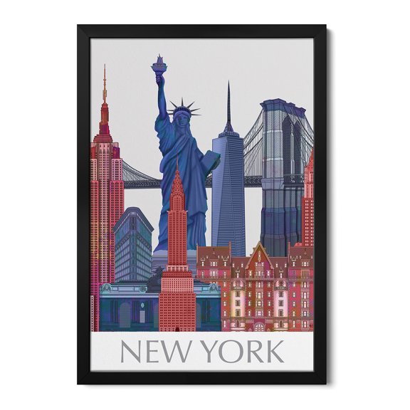 Premium Framed Art Print - New York Landmarks , Red Blue II