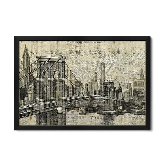 Premium Framed Art Print - Vintage NY Brooklyn Bridge Skyline