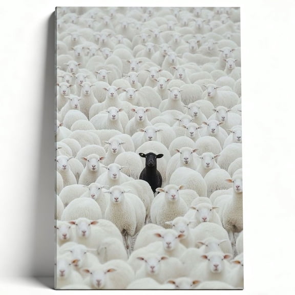 Premium Framed Canvas Wall Art - Black Sheep Among White Flock, Unique Contrast Nature Decor for Living Room Bedroom Office, Easy to Hang, High-Definition Print 8*12inch(20*30cm)