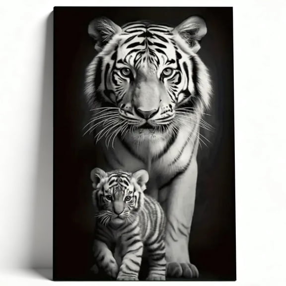 Premium Framed Canvas Wall Art - Black And White Tiger Family Portrait, Majestic Wildlife Decor For Living Room Bedroom Office, Easy To Hang, High-Definition Print 16*24inch(40*60cm)