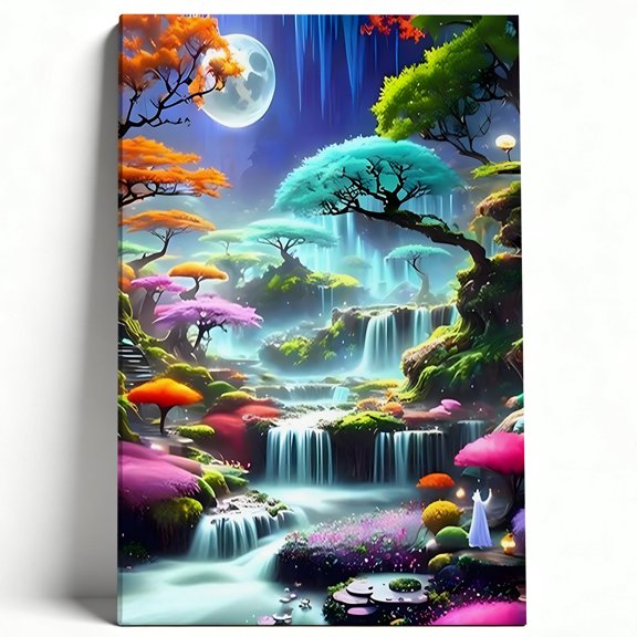 Premium Framed Canvas Wall Art - Enchanted Fantasy Waterfall Landscape, Vibrant Moonlit Forest Decor For Living Room Bedroom Office, Easy To Hang, High-Definition Print 12*18inch(30*45cm)