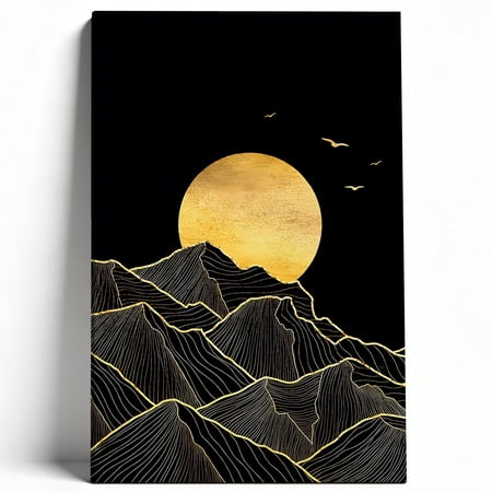 Premium Framed Canvas Wall Art - Golden Moon Over Mountain Landscape, Luxurious Black And Gold Nature Decor For Living Room Bedroom Office, Easy To Hang, High-Definition Print 8*12inch(20*30cm)