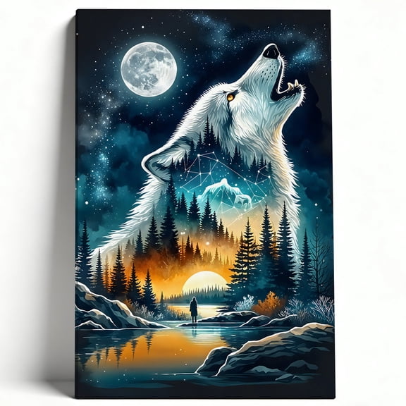 Premium Framed Canvas Wall Art - Howling White Wolf With Mountain Forest Landscape, Celestial Nature Decor For Living Room Bedroom Office, Easy To Hang, High-Definition Print 8*12inch(20*30cm)