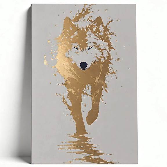Premium Framed Canvas Wall Art - Majestic Golden Wolf In Water Reflection, Bold Nature Decor For Living Room Bedroom Office, Easy To Hang, High-Definition Print 8*12inch(20*30cm)