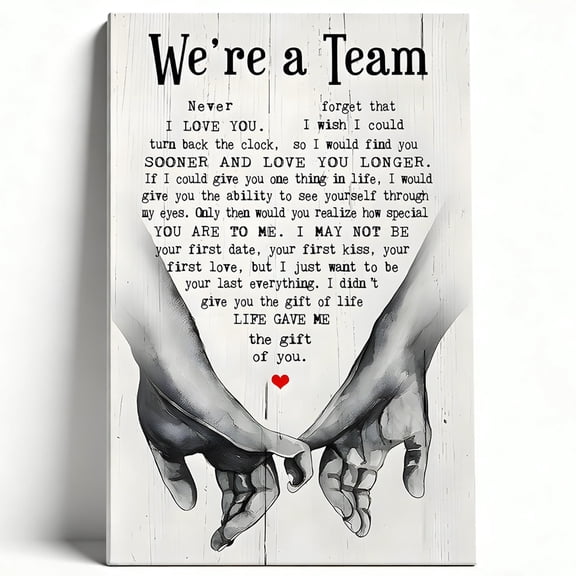 Premium Framed Canvas Wall Art - Romantic "We're A Team" Quote With Linked Hands & Heart Accent, Sentimental Couple Decor For Bedroom Living Room, Easy To Hang, High-Definition Print 8*12inch(20*30cm