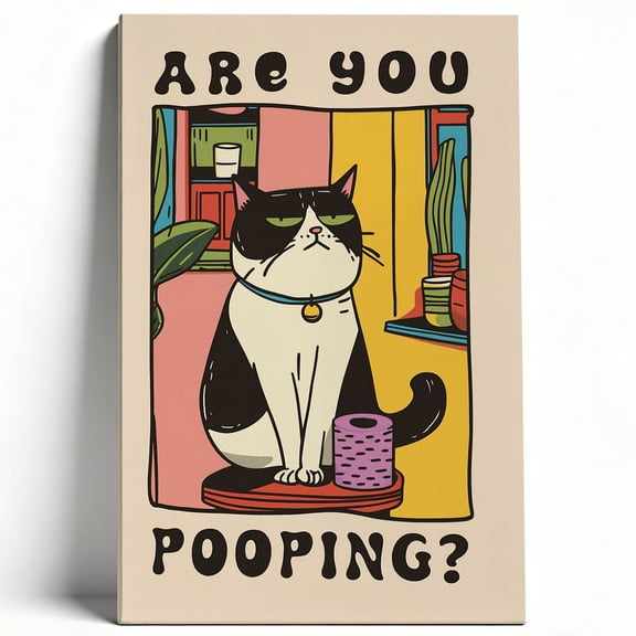 Premium Framed Canvas Wall Art - Sassy Black And White Cat "Are You Pooping?" Humorous Bathroom Decor, Easy To Hang, High-Definition Print 8*12inch(20*30cm)