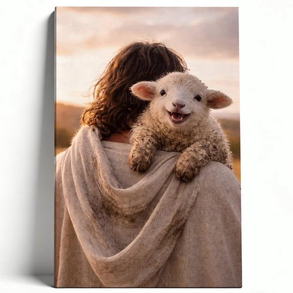 Premium Framed Canvas Wall Art - Shepherd Carrying Joyful Lamb At Sunset, Serene Pastoral Decor For Living Room Bedroom, Easy To Hang, High-Definition Print 8*12inch(20*30cm)