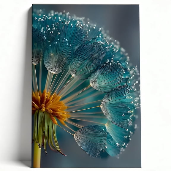 Premium Framed Canvas Wall Art - Teal Dandelion with Dewdrops, Nature-Inspired Floral Decor for Living Room Bedroom Office, Easy to Hang, High-Definition Print 8*12inch(20*30cm)