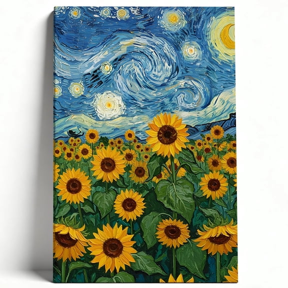 Premium Framed Canvas Wall Art - Van Gogh Starry Night Inspired Sunflower Field, Vibrant Nature Decor For Living Room Bedroom Office, Easy To Hang, High-Definition Print 8*12inch(20*30cm)