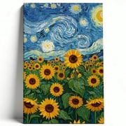 Premium Framed Canvas Wall Art - Van Gogh Starry Night Inspired Sunflower Field, Vibrant Nature Decor For Living Room Bedroom Office, Easy To Hang, High-Definition Print 8*12inch20*30cm